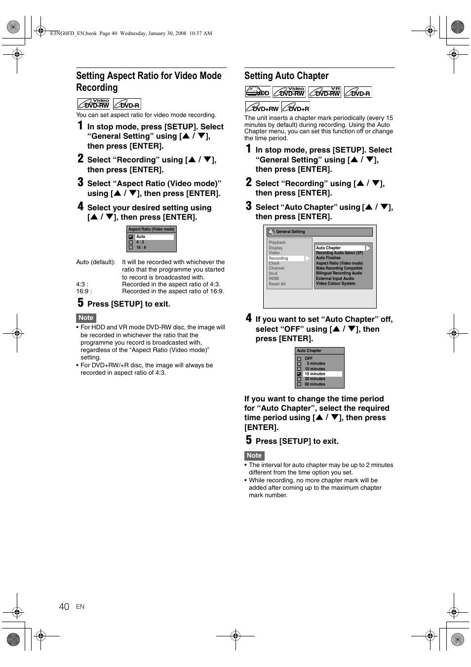 Setting aspect ratio for video mode recording, Setting auto chapter | Toshiba RD-XV48DTKF User Manual | Page 40 / 103