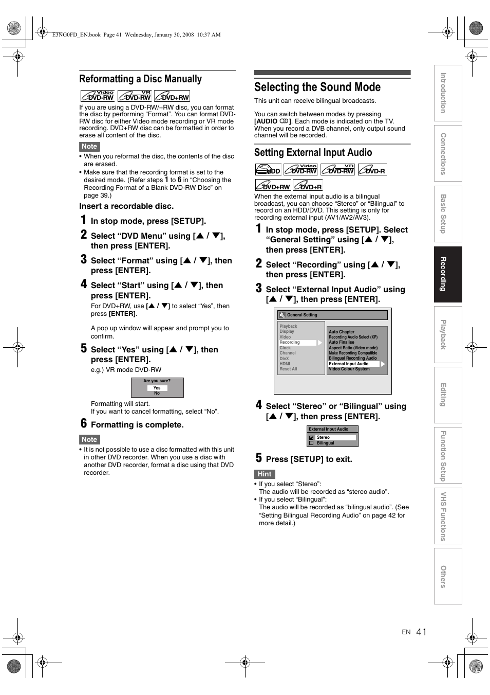 Selecting the sound mode, Reformatting a disc manually, Setting external input audio | Toshiba RD-XV48DTKF User Manual | Page 41 / 103