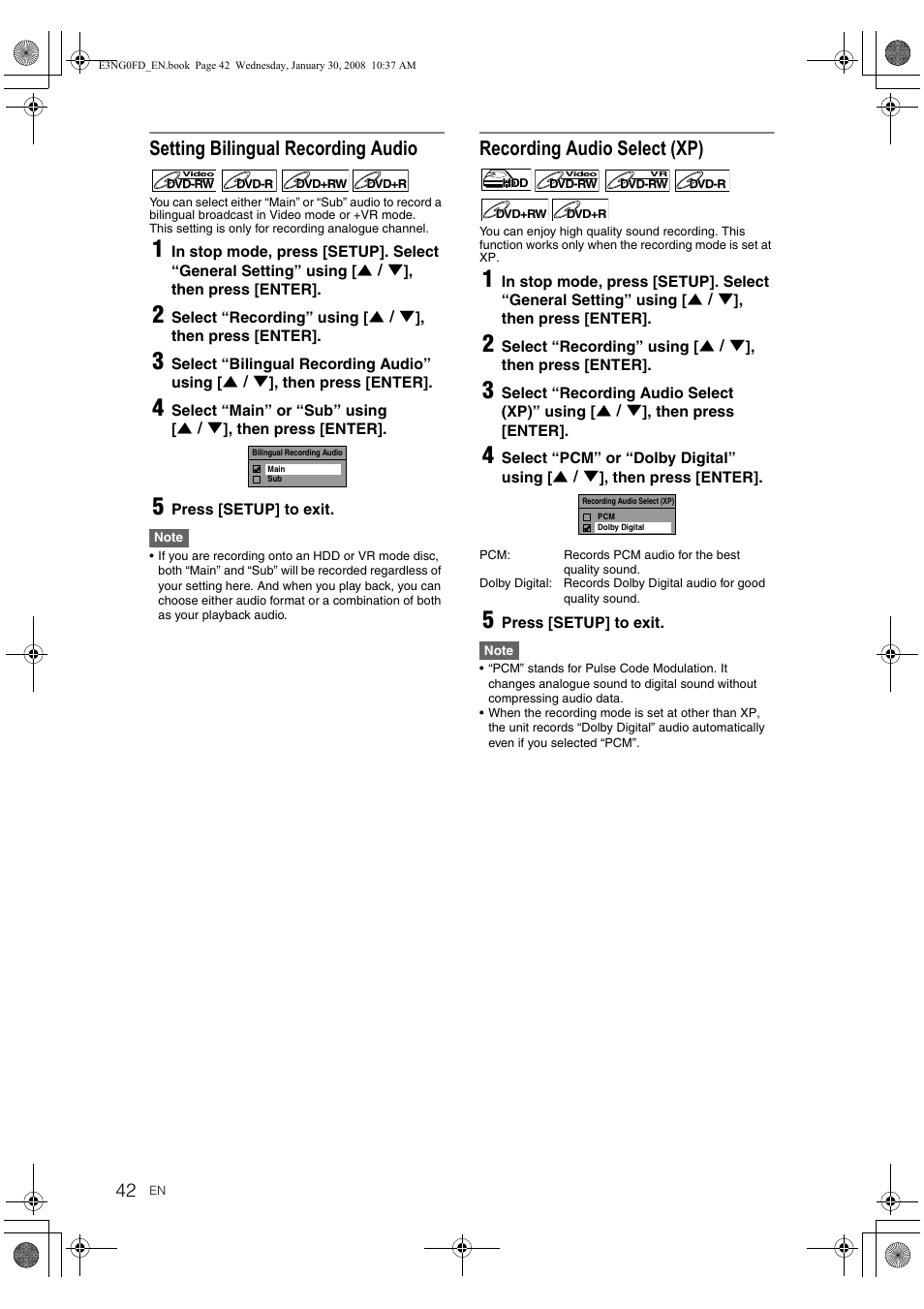 Setting bilingual recording audio, Recording audio select (xp) | Toshiba RD-XV48DTKF User Manual | Page 42 / 103