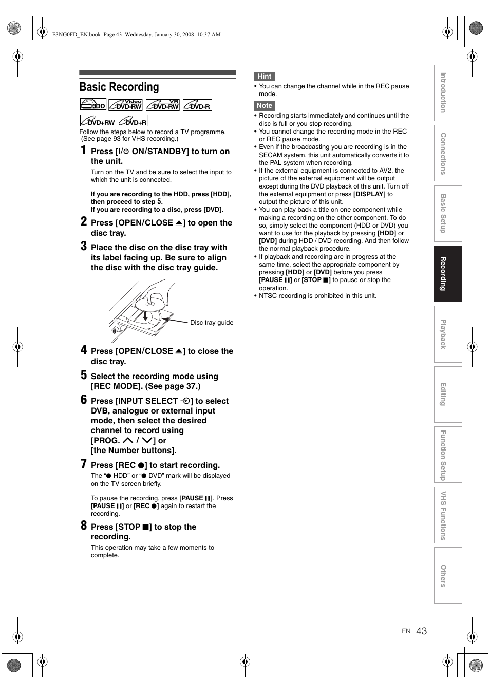 Basic recording | Toshiba RD-XV48DTKF User Manual | Page 43 / 103