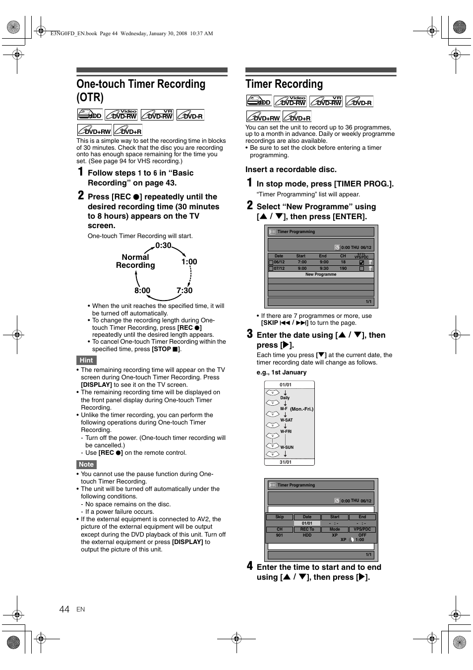 One-touch timer recording (otr), Timer recording | Toshiba RD-XV48DTKF User Manual | Page 44 / 103