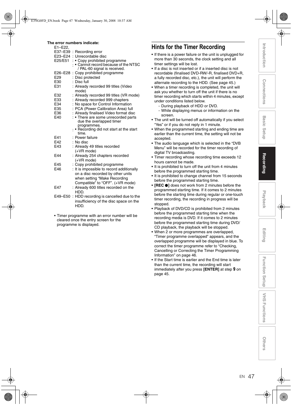 Hints for the timer recording | Toshiba RD-XV48DTKF User Manual | Page 47 / 103