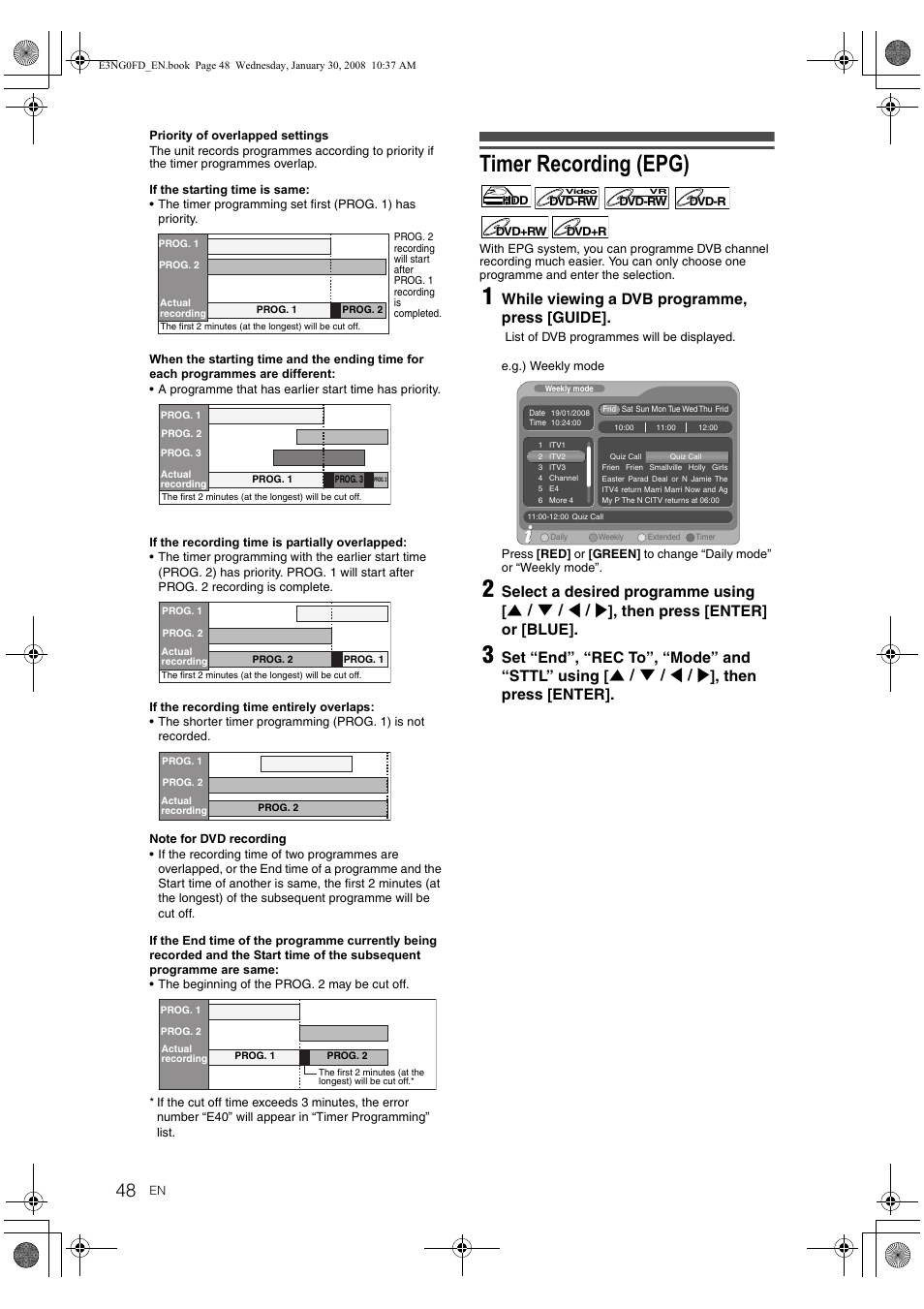Ti mer recording (epg), While viewing a dvb programme, pres s [guide | Toshiba RD-XV48DTKF User Manual | Page 48 / 103