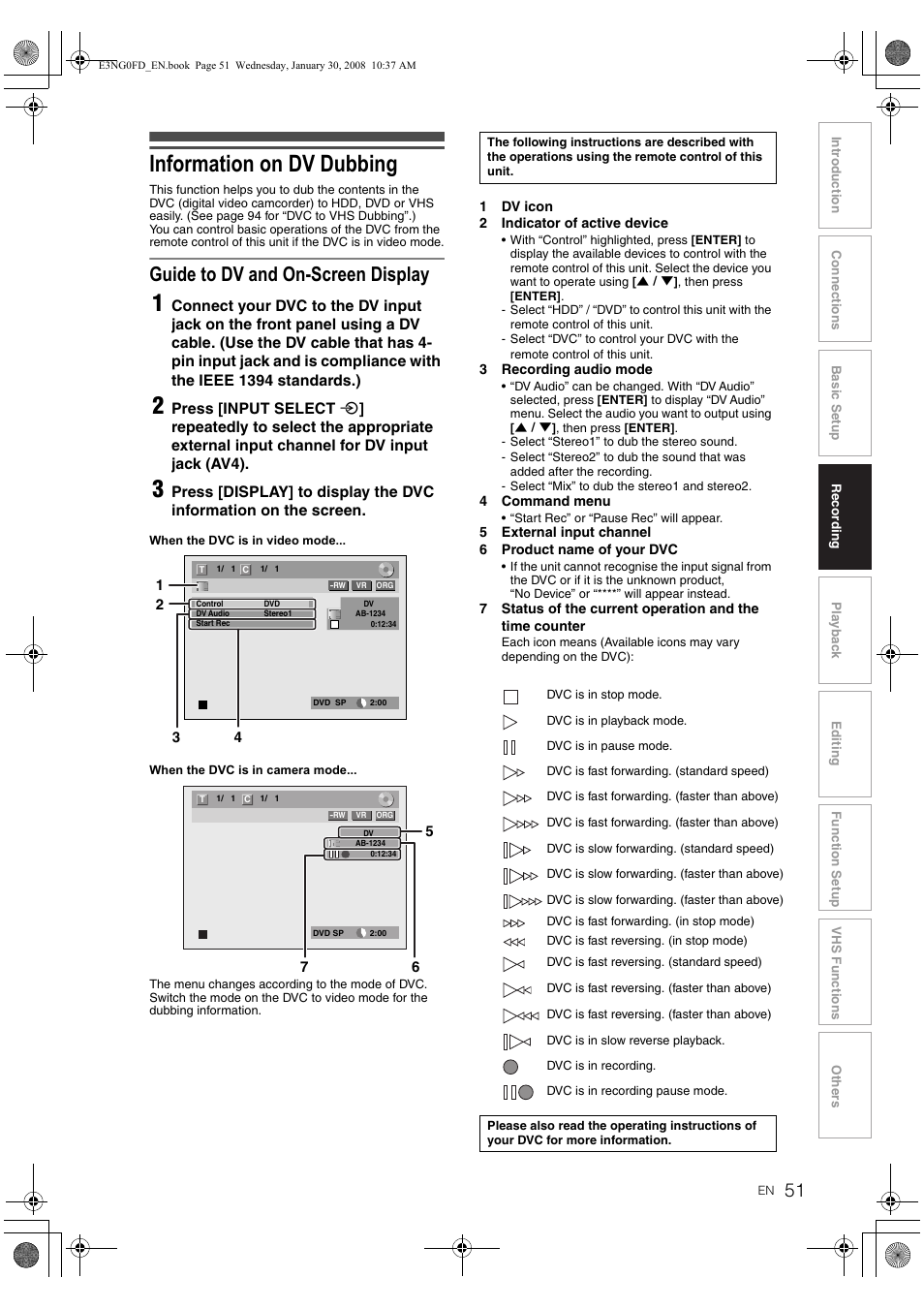 Information on dv dubbing, Guide to dv and on-screen display | Toshiba RD-XV48DTKF User Manual | Page 51 / 103