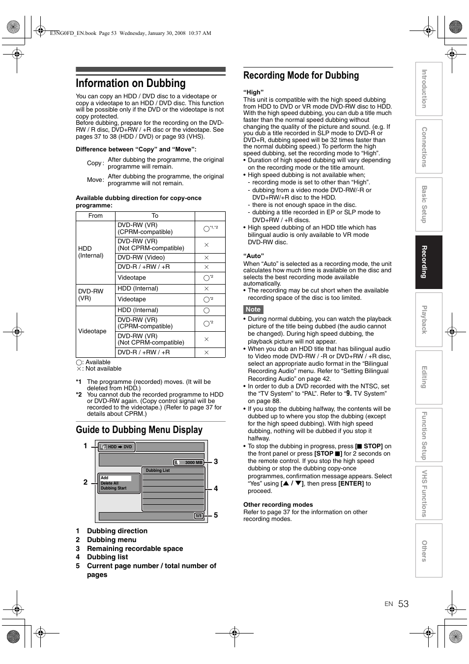 Information on dubbing, Guide to dubbing menu display, Recording mode for dubbing | Toshiba RD-XV48DTKF User Manual | Page 53 / 103