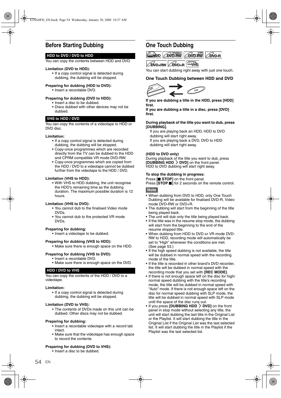 Before starting dubbing, One touch dubbing | Toshiba RD-XV48DTKF User Manual | Page 54 / 103