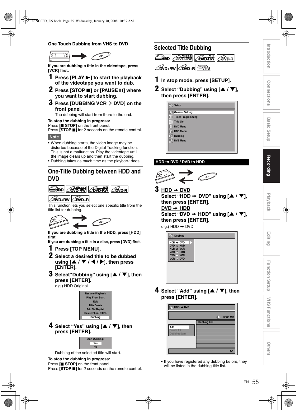 One-title dubbing between hdd and dvd, Selected title dubbing | Toshiba RD-XV48DTKF User Manual | Page 55 / 103