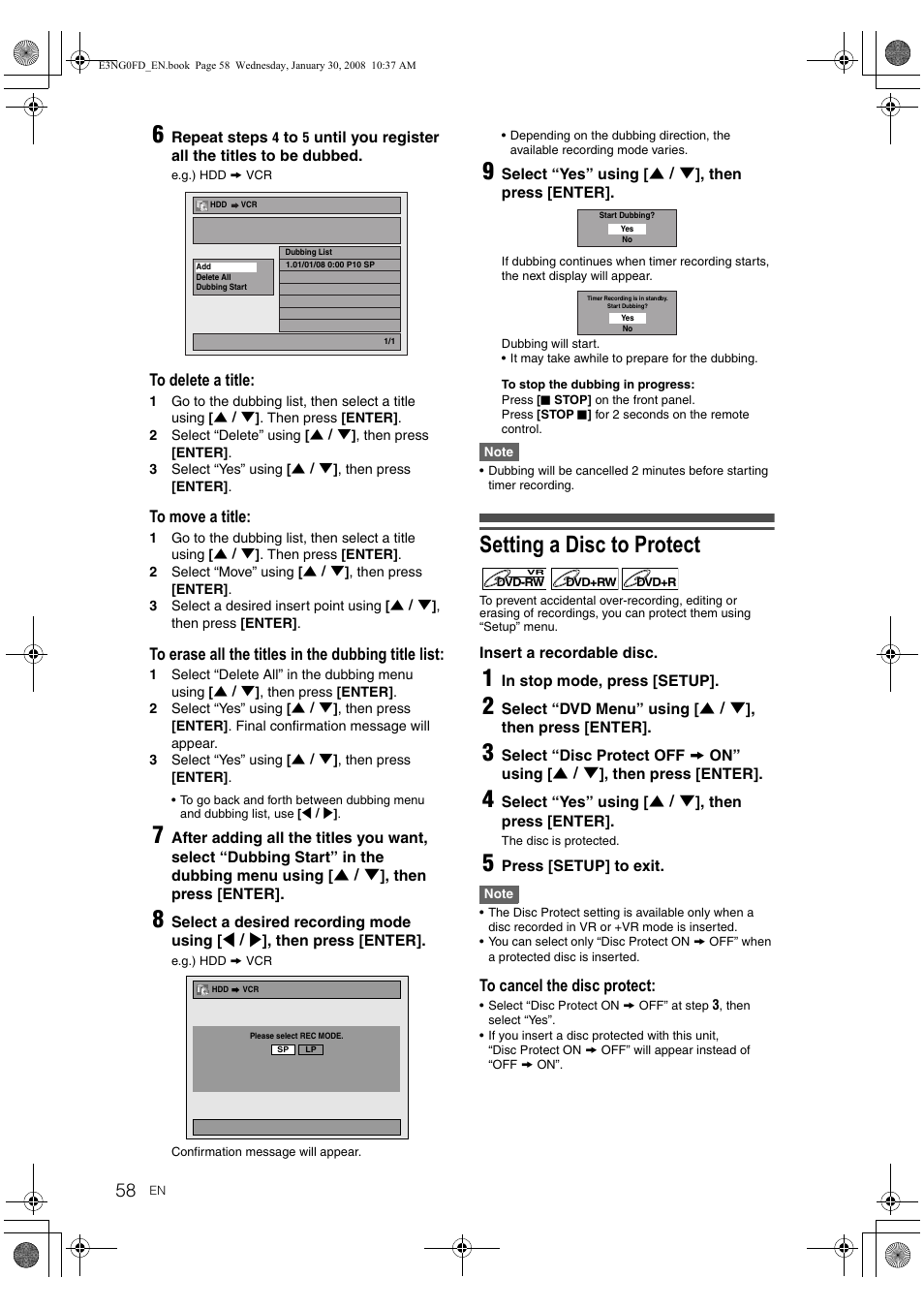 Setting a disc to protect | Toshiba RD-XV48DTKF User Manual | Page 58 / 103