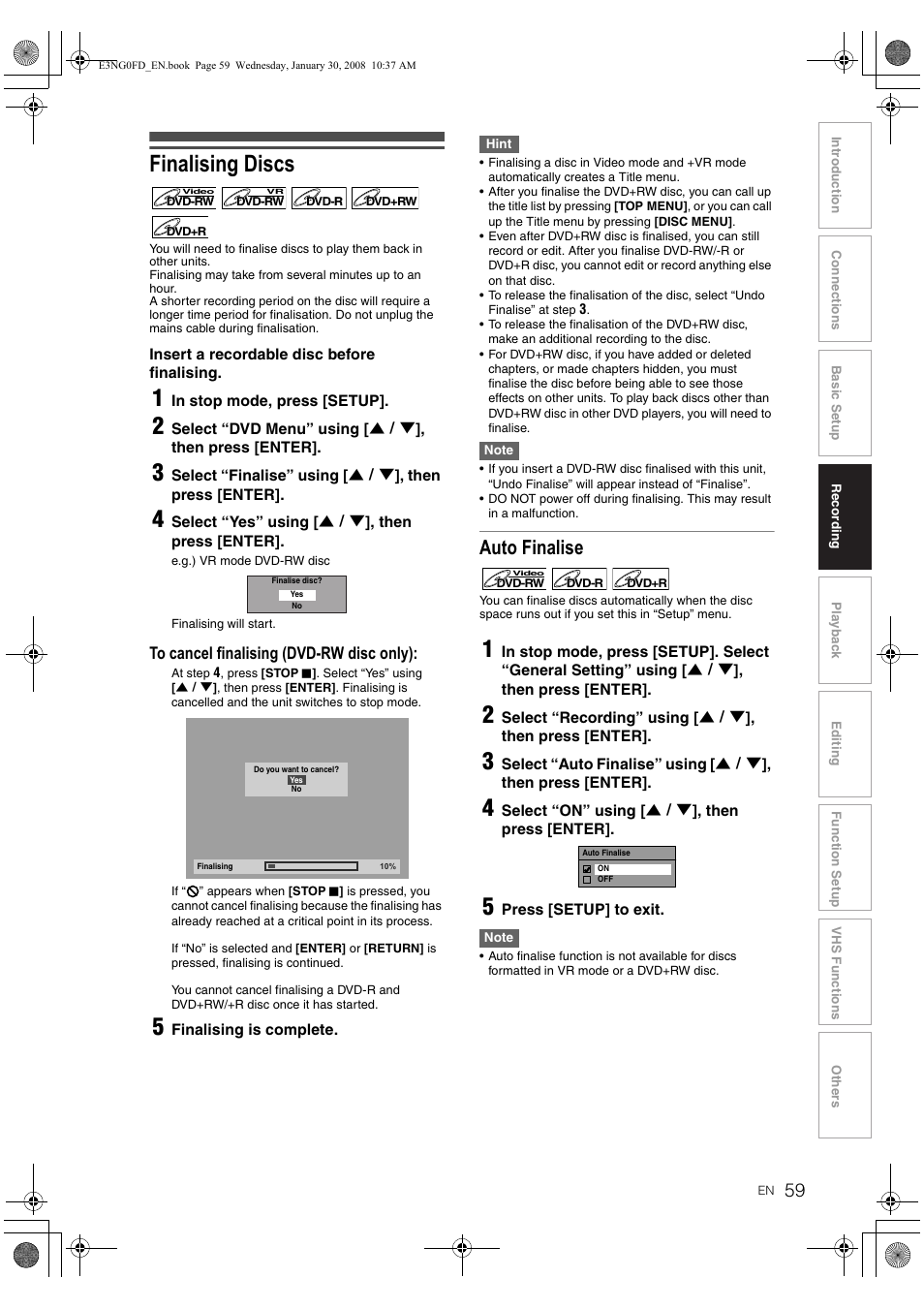 Finalising discs, Auto finalise | Toshiba RD-XV48DTKF User Manual | Page 59 / 103