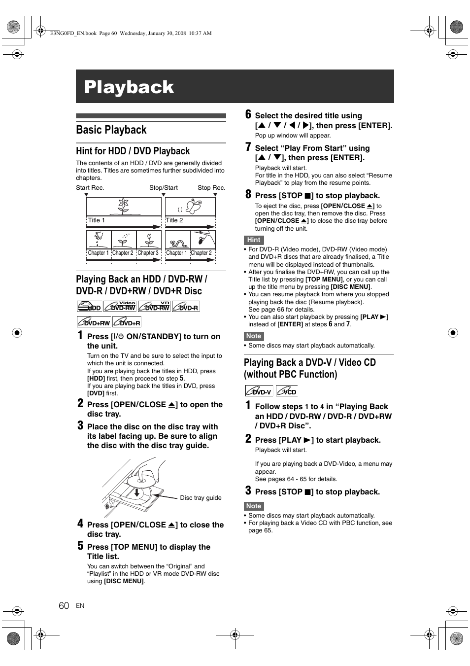 Playback, Basic playback, Hint for hdd / dvd playback | Toshiba RD-XV48DTKF User Manual | Page 60 / 103