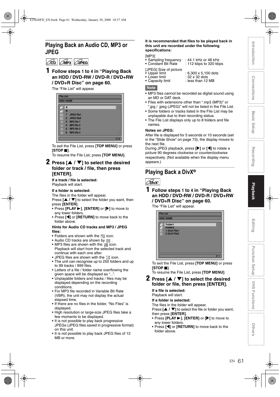Playing back an audio cd, mp3 or jpeg, Playing back a divx | Toshiba RD-XV48DTKF User Manual | Page 61 / 103