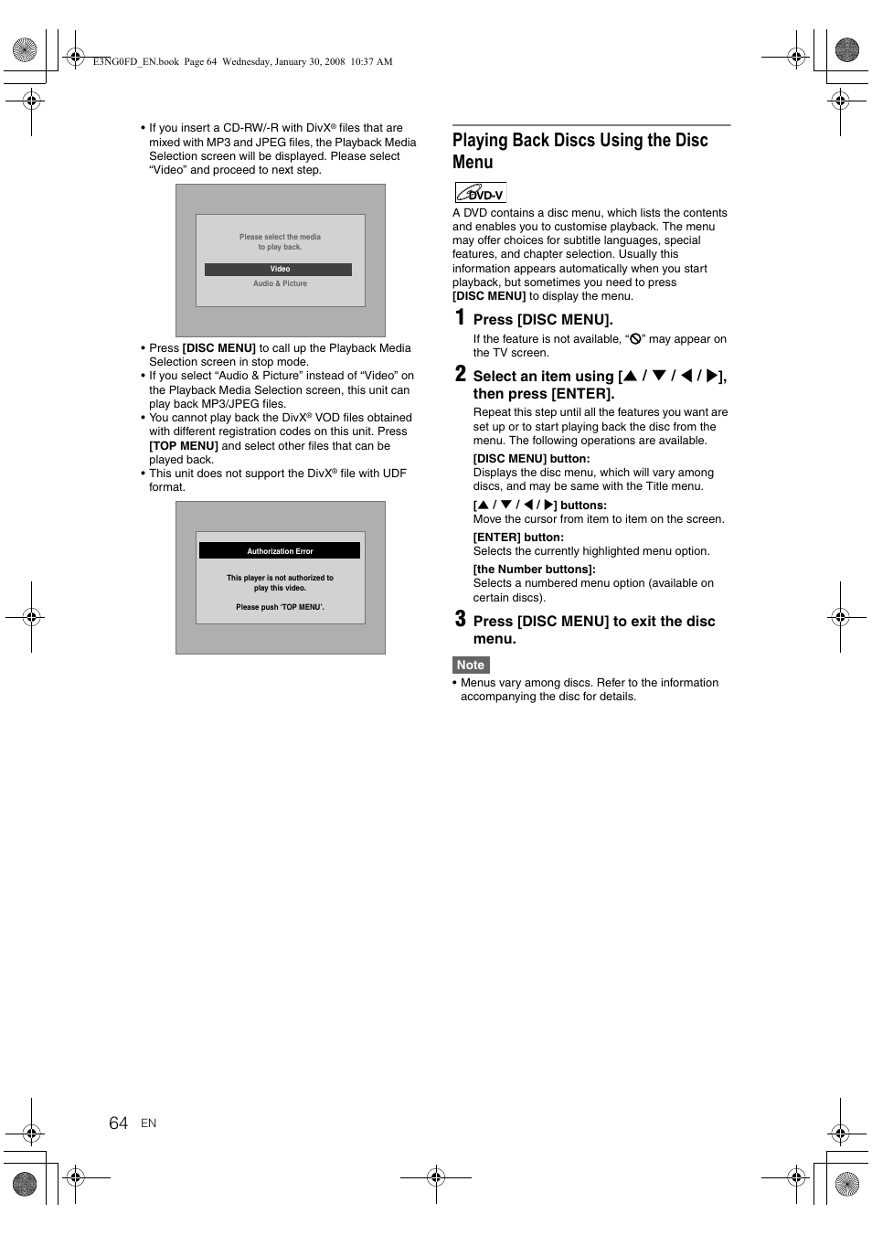 Playing back discs using the disc menu | Toshiba RD-XV48DTKF User Manual | Page 64 / 103