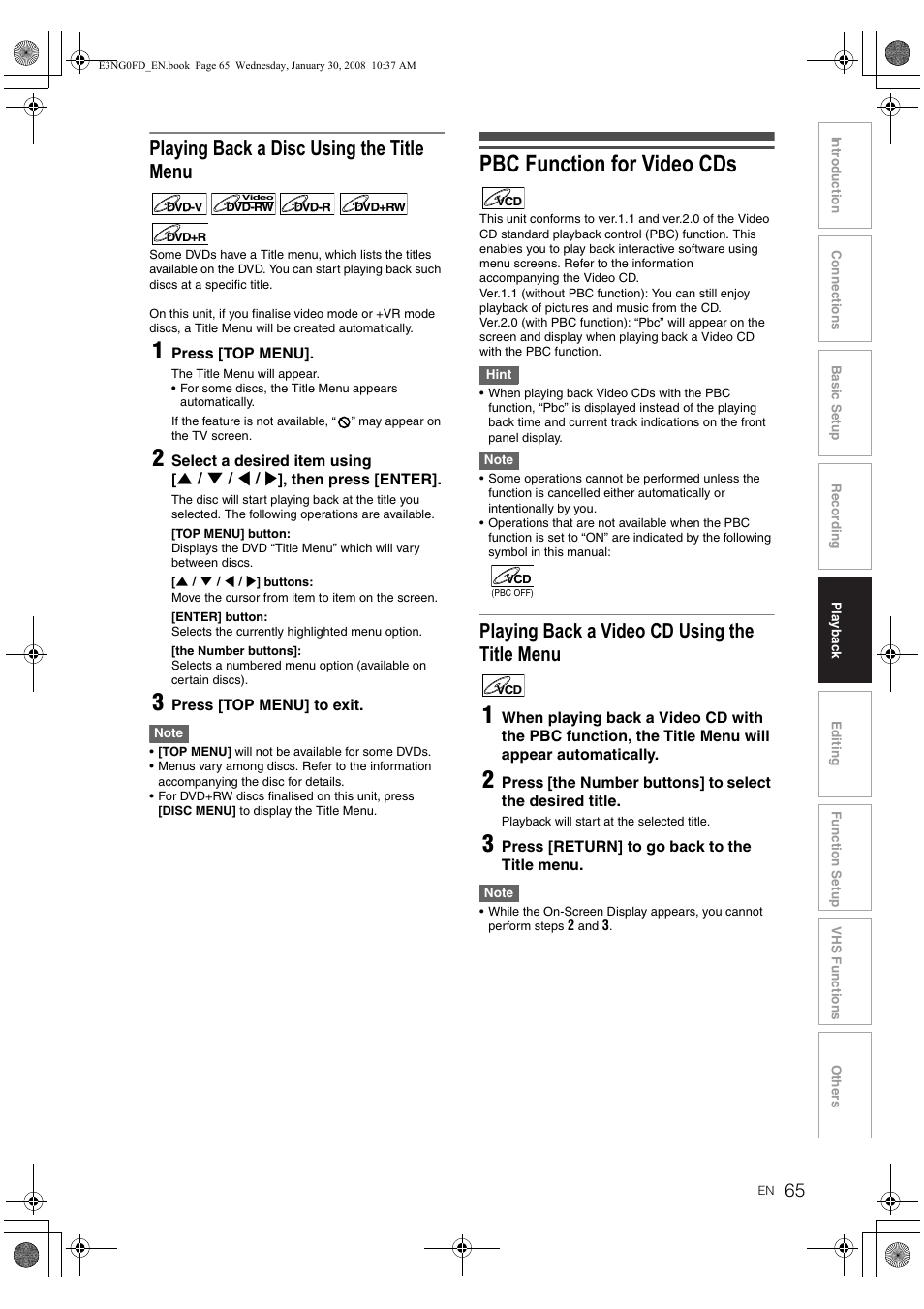 Pbc function for v ideo cds, Playing back a disc using the title menu, Playing back a video cd using the title menu | Toshiba RD-XV48DTKF User Manual | Page 65 / 103