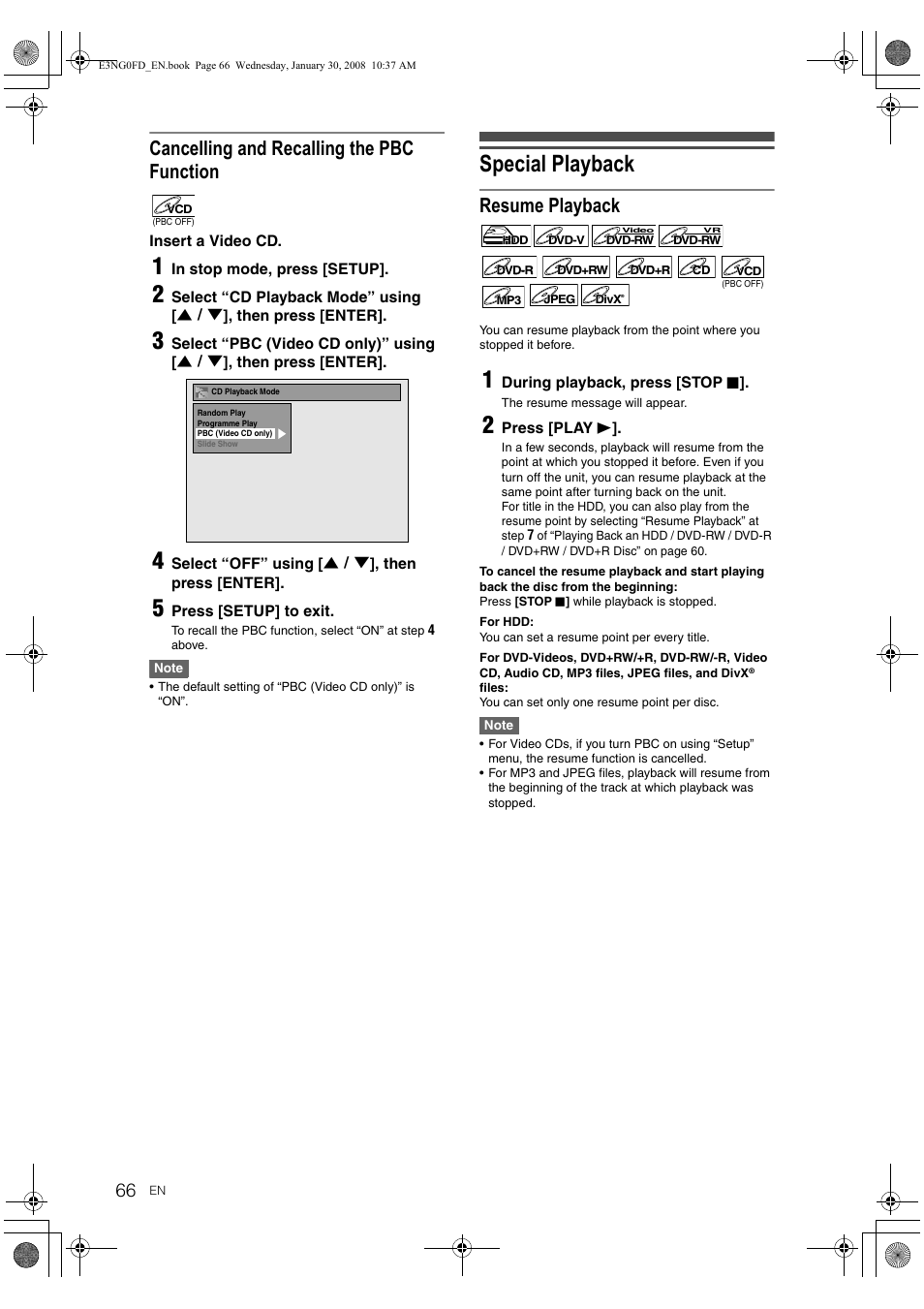 Special playback, Cancelling and re calling the pbc function, Resume playback | Toshiba RD-XV48DTKF User Manual | Page 66 / 103