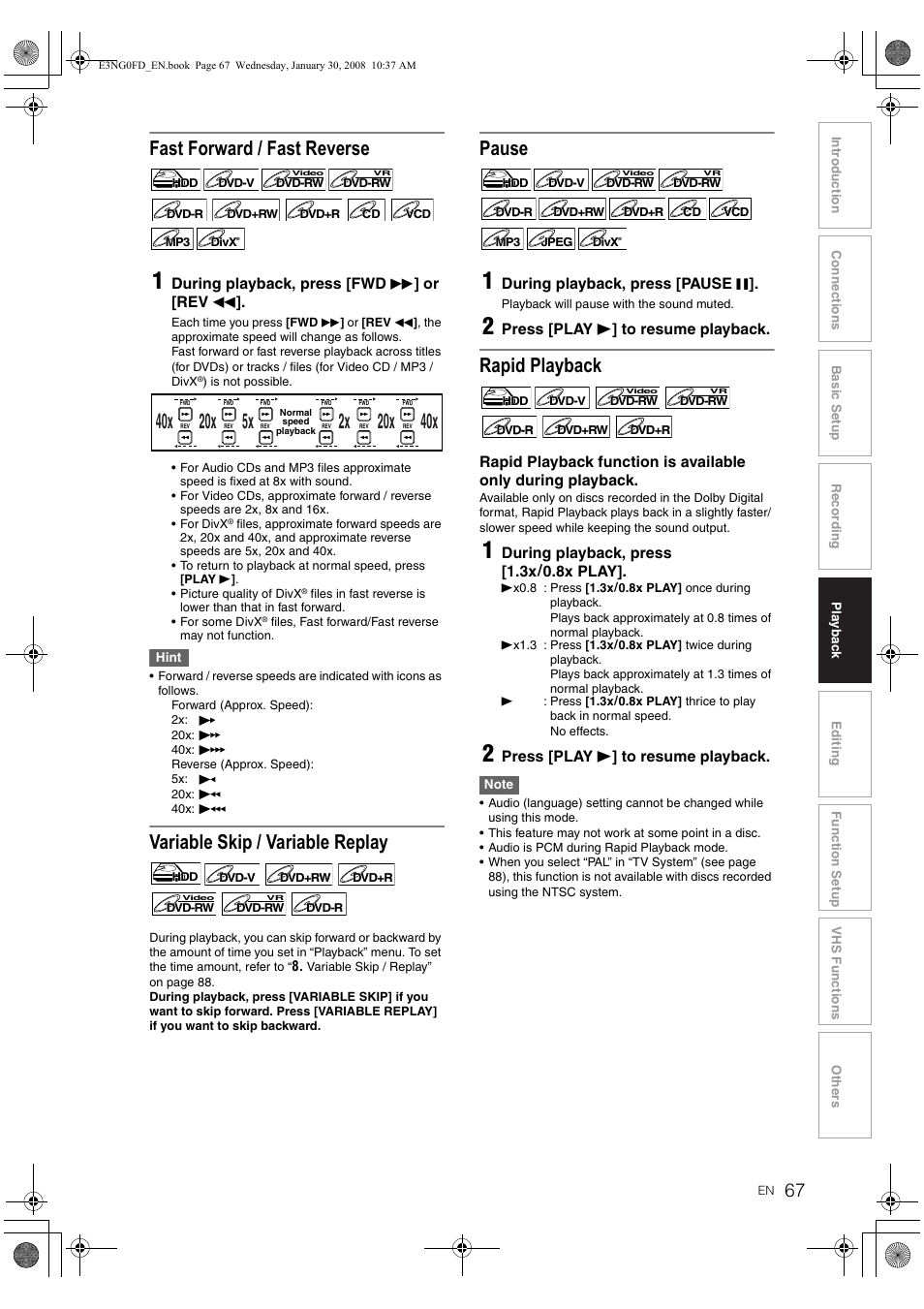 Fast forward / fast reverse, Variable skip / variable replay, Pause | Rapid playback | Toshiba RD-XV48DTKF User Manual | Page 67 / 103