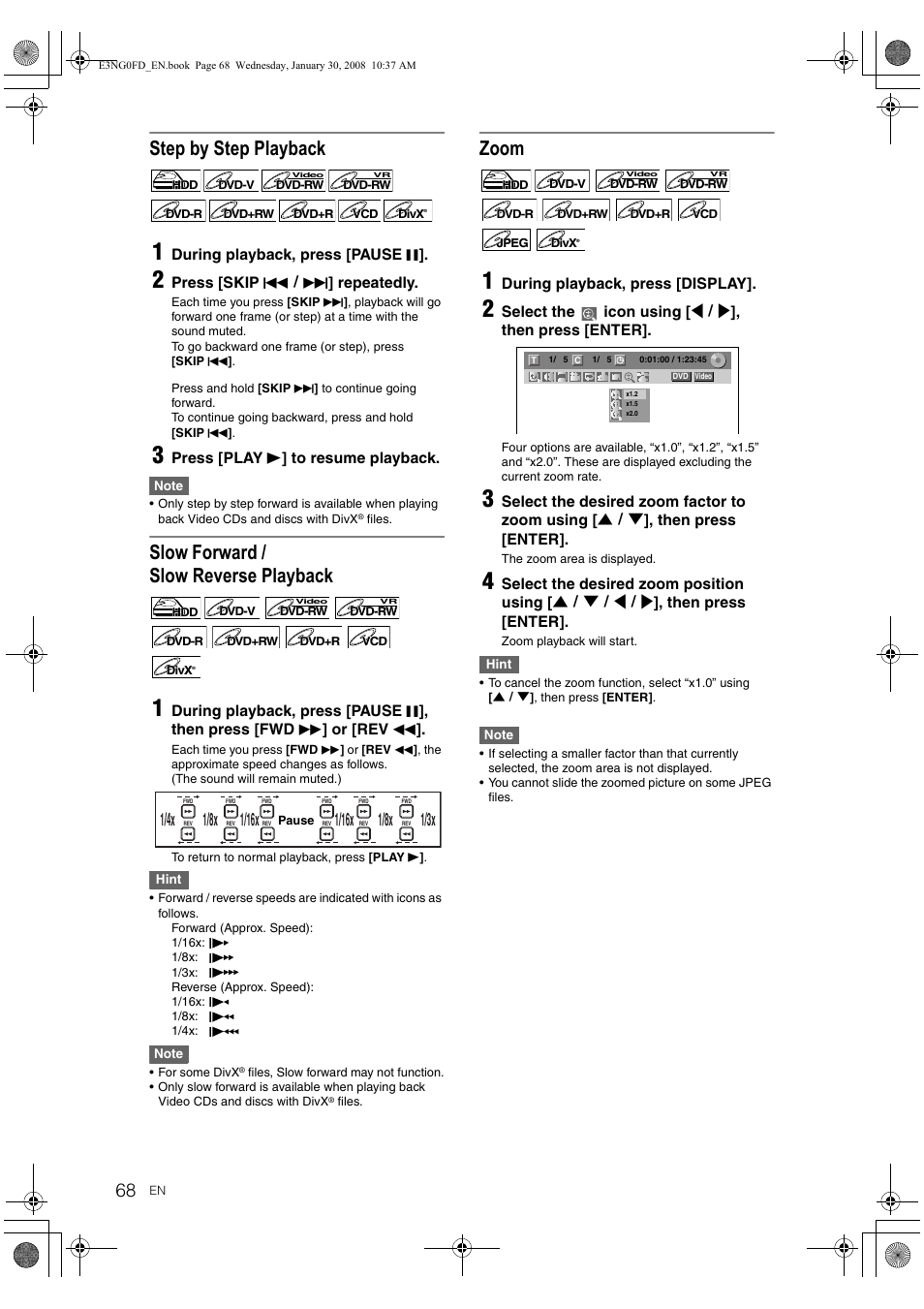 Step by step playback, Slow forward / slow reverse playback, Zoom | Toshiba RD-XV48DTKF User Manual | Page 68 / 103