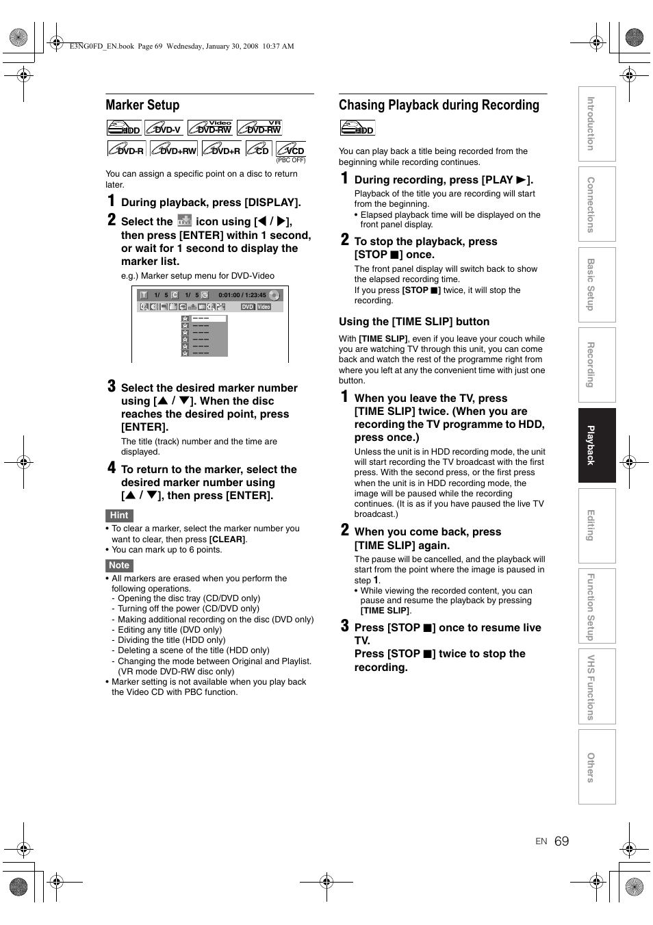Marker setup, Chasing playback during recording | Toshiba RD-XV48DTKF User Manual | Page 69 / 103