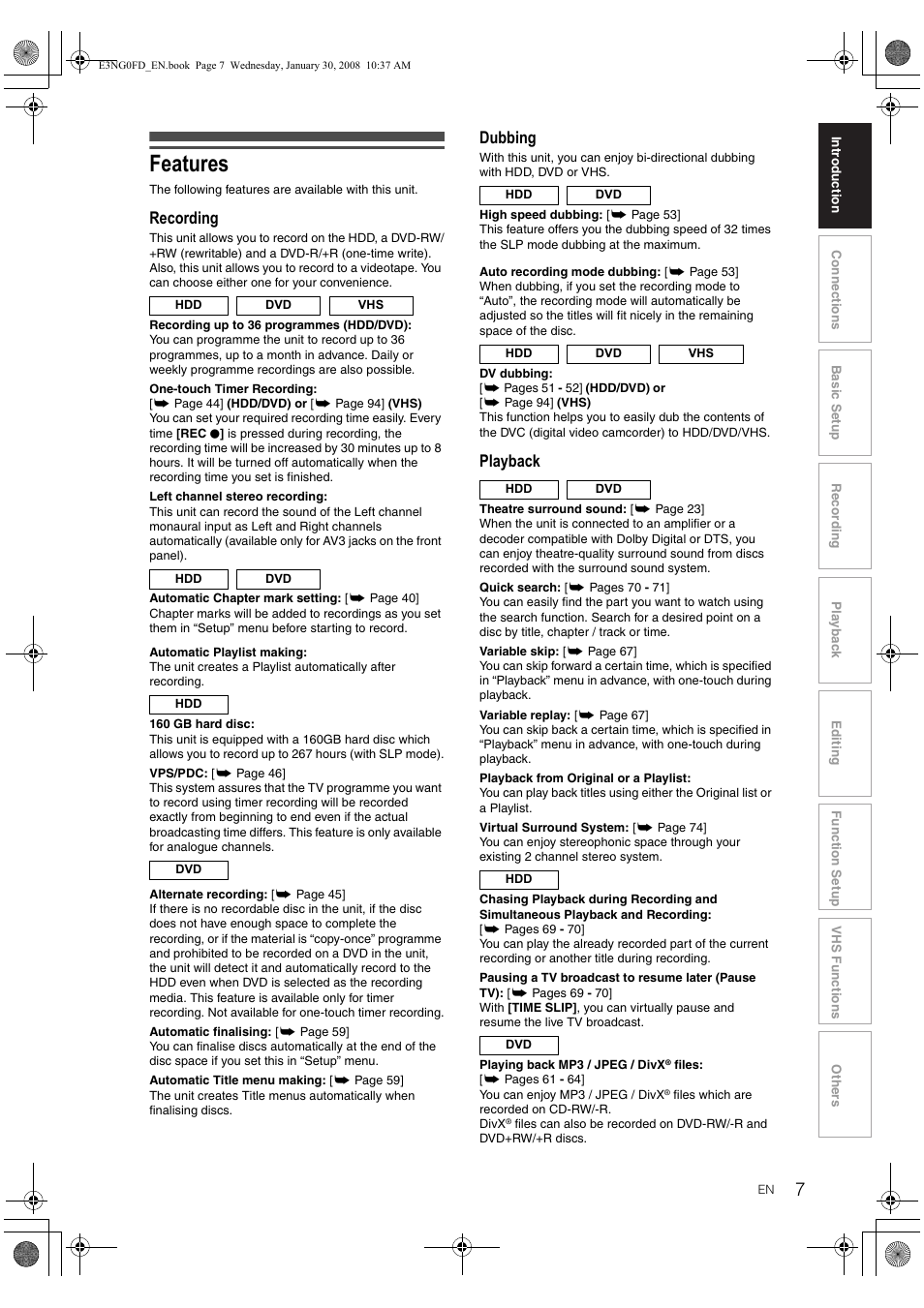 Features, Recording, Dubbing | Playback | Toshiba RD-XV48DTKF User Manual | Page 7 / 103