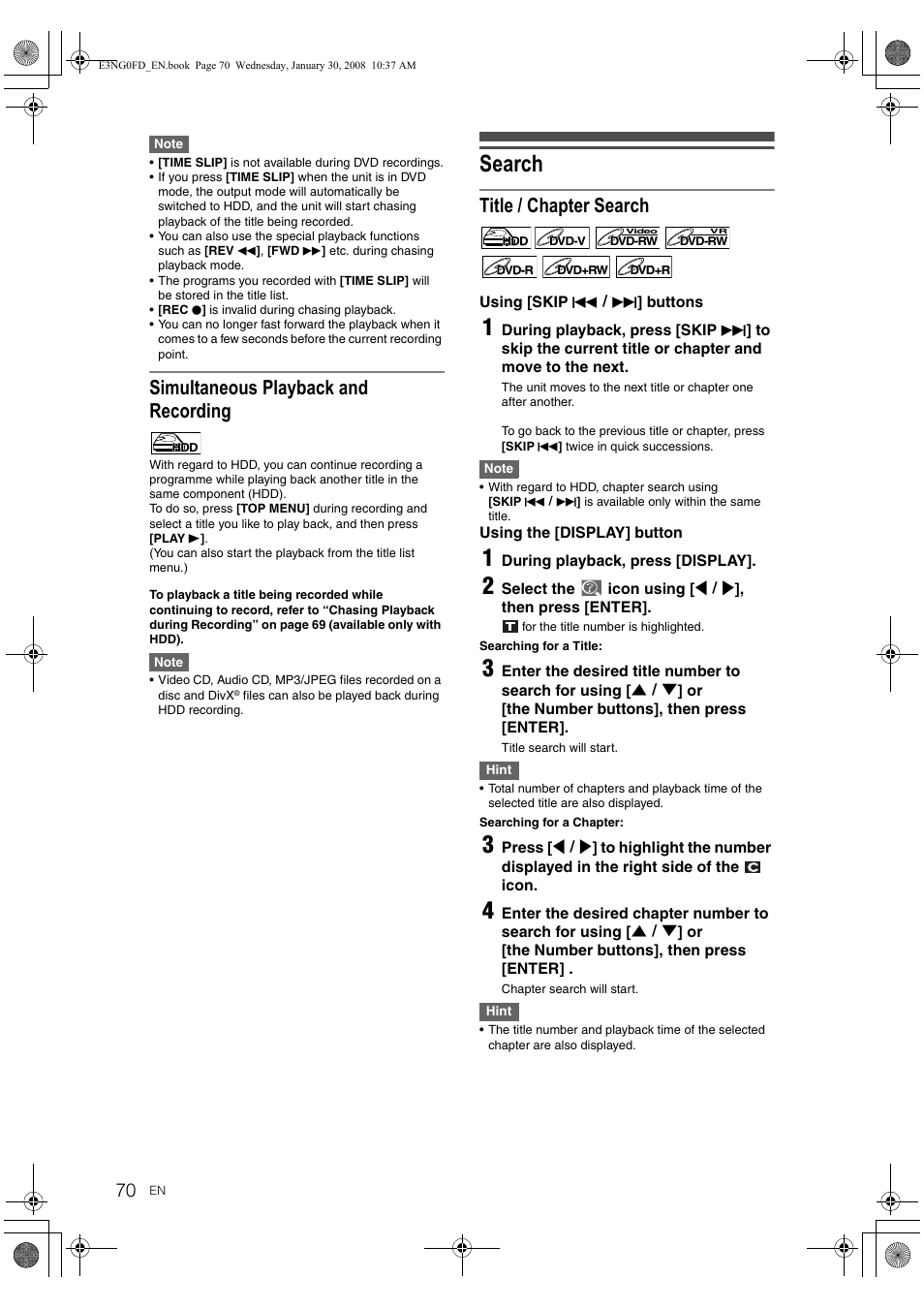 Search, Simultaneous playback and recording, Title / chapter search | Toshiba RD-XV48DTKF User Manual | Page 70 / 103
