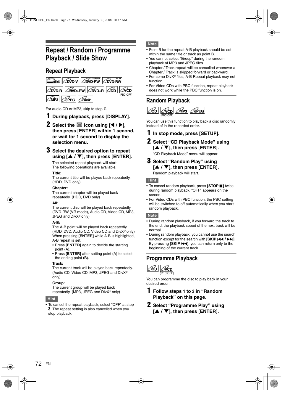 Repeat / random / programme playback / slide show, Repeat playback, Random playback | Programme playback | Toshiba RD-XV48DTKF User Manual | Page 72 / 103