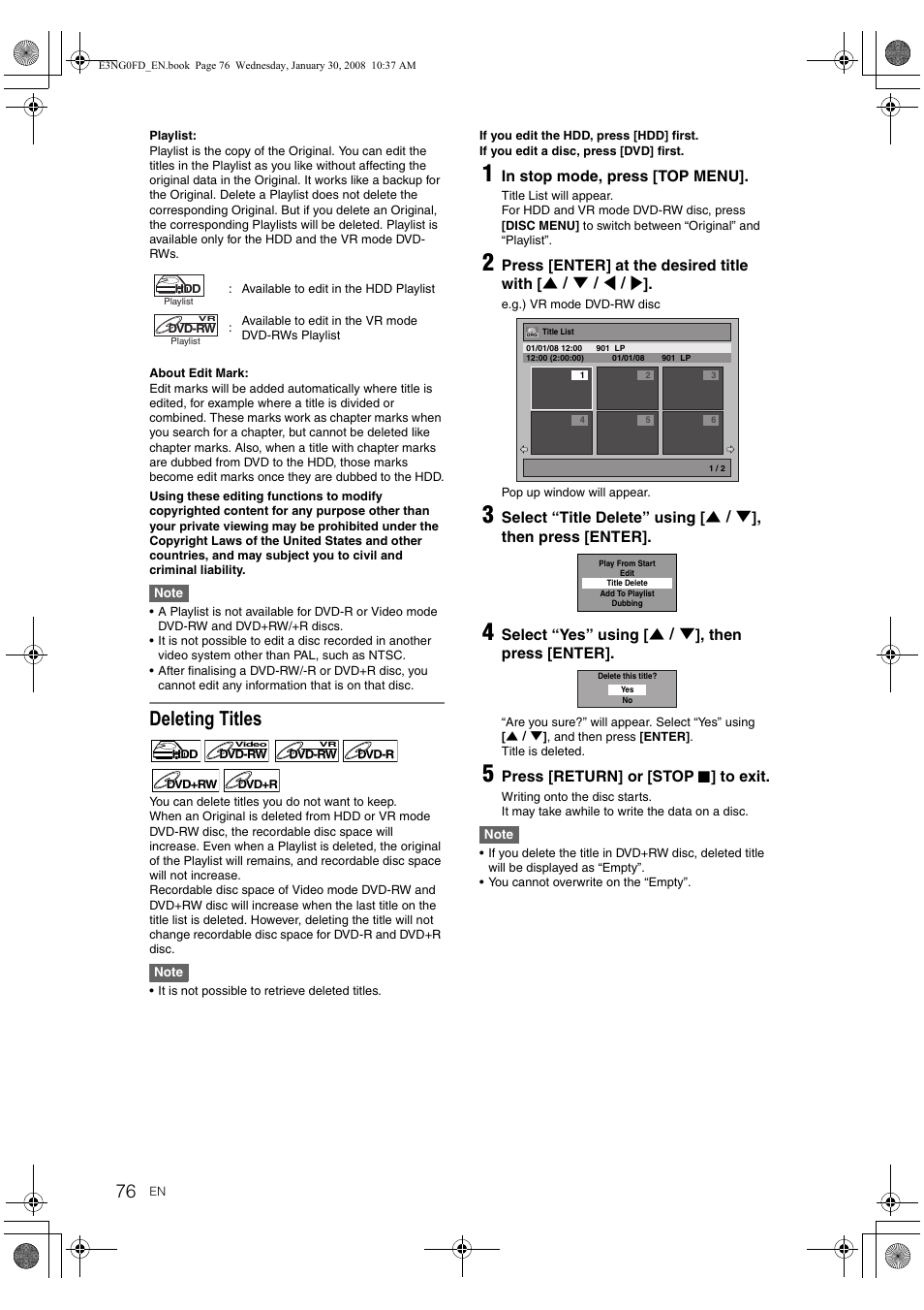 Deleting titles | Toshiba RD-XV48DTKF User Manual | Page 76 / 103