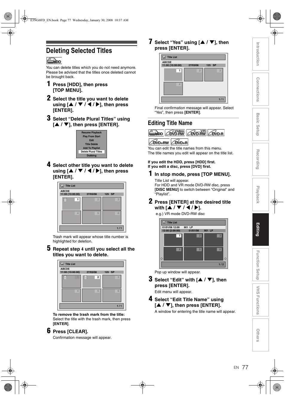 Deleting selected titles, Editing title name | Toshiba RD-XV48DTKF User Manual | Page 77 / 103