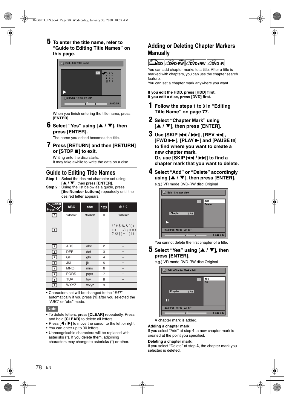 Guide to editing title names, Adding or deleting chapter markers manually | Toshiba RD-XV48DTKF User Manual | Page 78 / 103