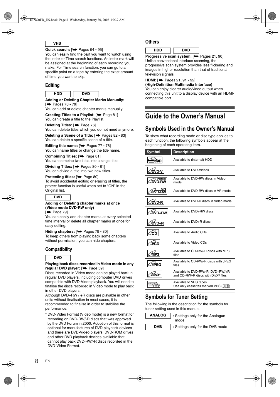 Guide to the owner’s manual, Symbols used in the owner’s manual, Symbols for tuner setting | Editing, Compatibility, Others | Toshiba RD-XV48DTKF User Manual | Page 8 / 103