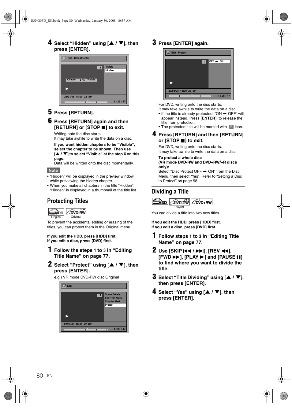 G titles, Protecting titles, Dividing a title | Toshiba RD-XV48DTKF User Manual | Page 80 / 103