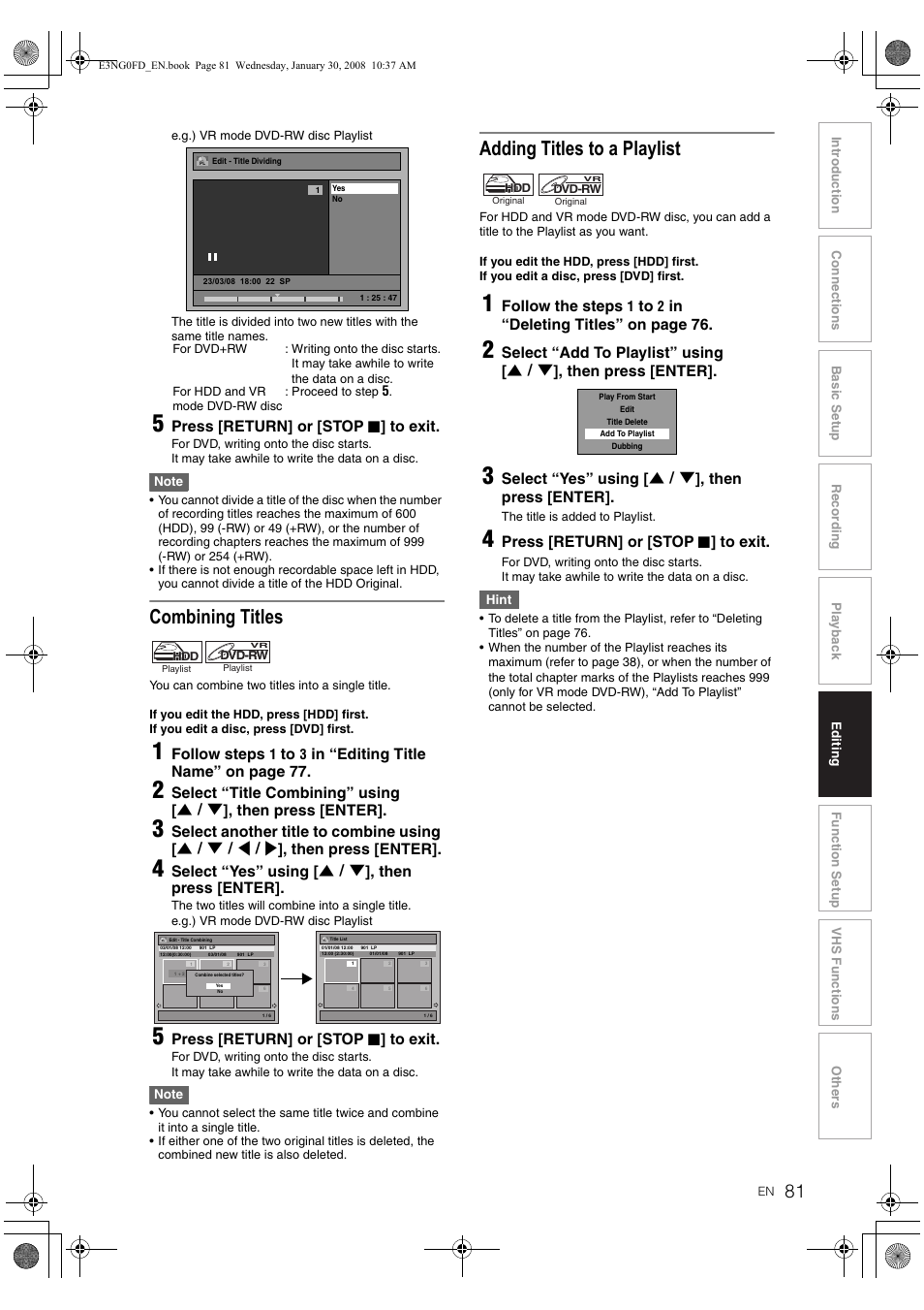 Combining titles, Adding ti tles to a playlist | Toshiba RD-XV48DTKF User Manual | Page 81 / 103