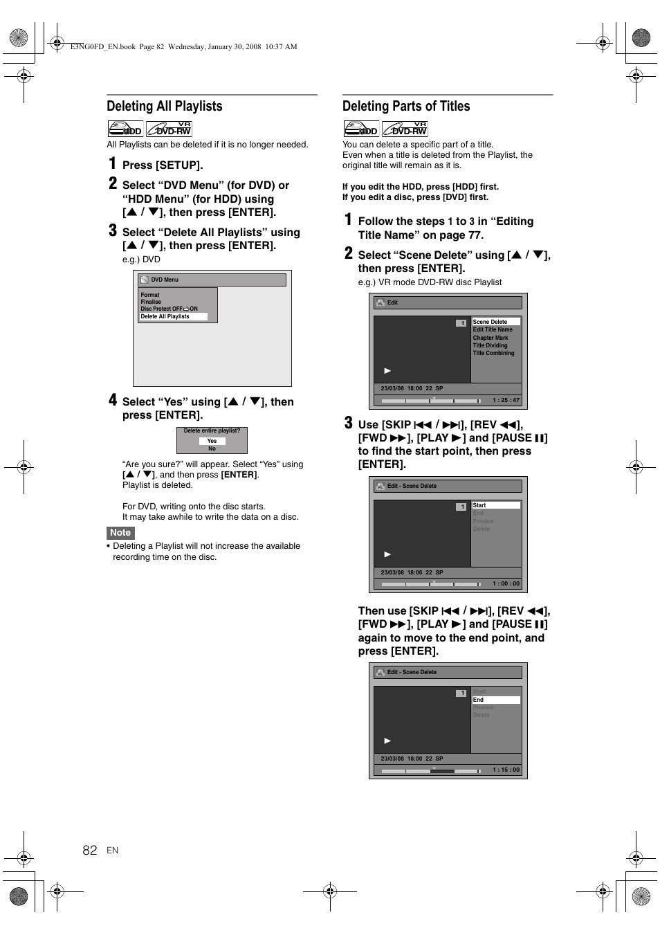 Deleting all playlists, Deleting parts of titles | Toshiba RD-XV48DTKF User Manual | Page 82 / 103