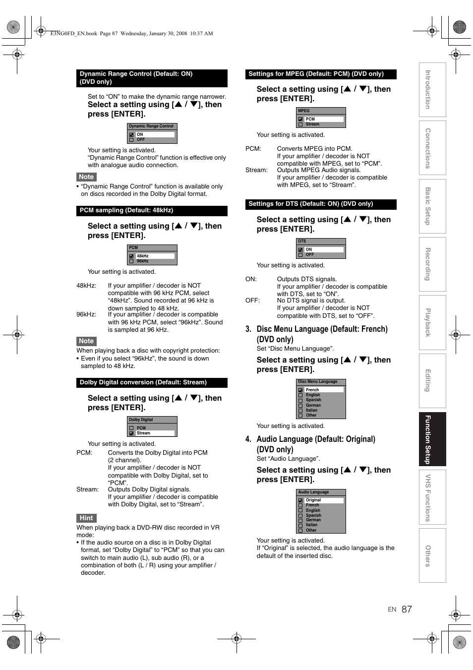 Disc menu language (defau lt: french) (dvd only), Audio language (defaul t: original ) (dvd only) | Toshiba RD-XV48DTKF User Manual | Page 87 / 103