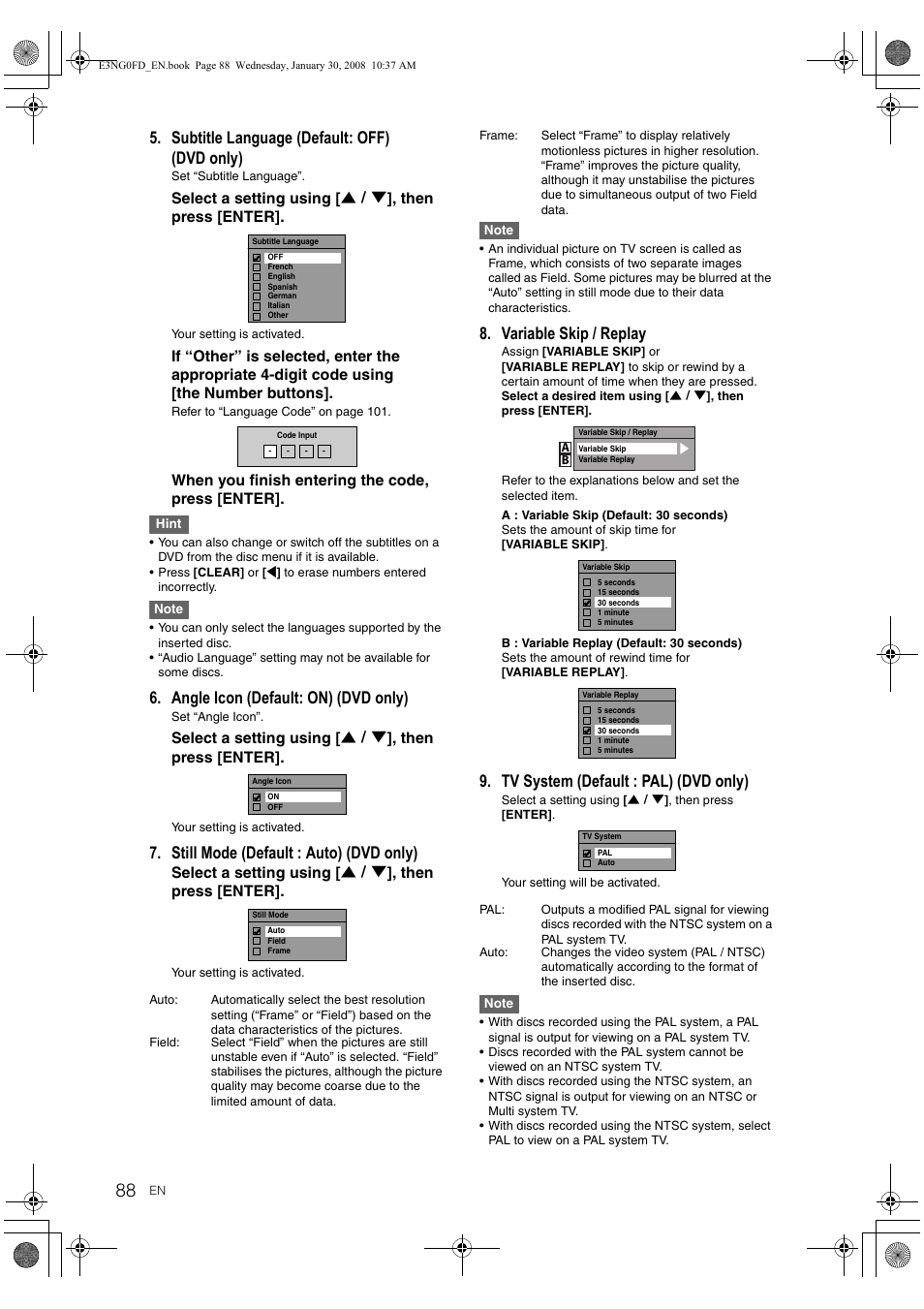 Tv sy, R to, 88), this function is not a | Subtitle language (default: off) (dvd only), Angle icon (default: on) (dvd only), Still mode (default : auto) (dvd only), Variable skip / replay, Tv system (default : pal) (dvd only) | Toshiba RD-XV48DTKF User Manual | Page 88 / 103