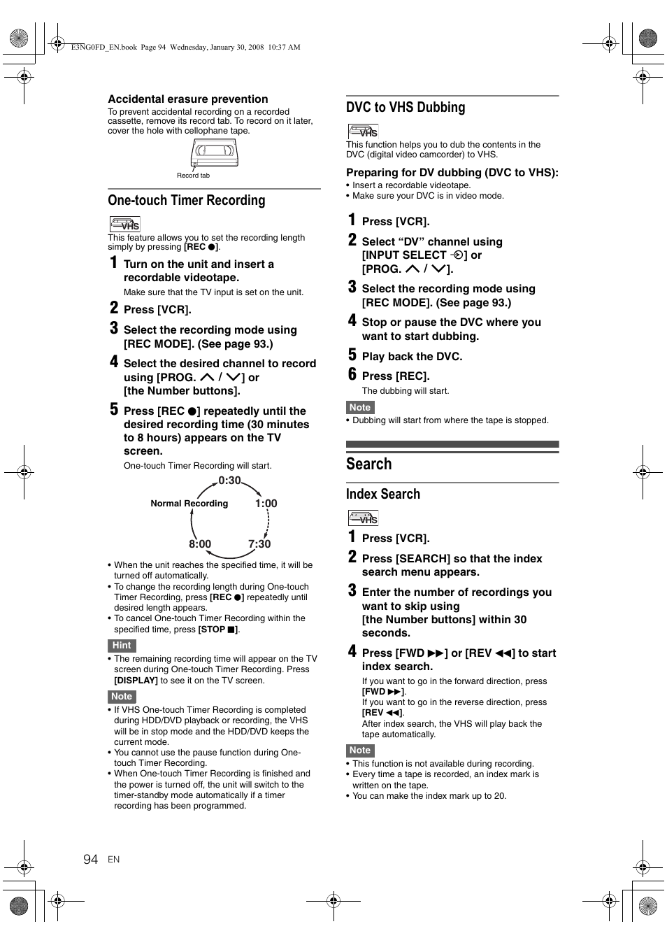 R dvc to vhs dubbing.), Search, One-touch timer recording | Dvc to vhs dubbing, Index search | Toshiba RD-XV48DTKF User Manual | Page 94 / 103