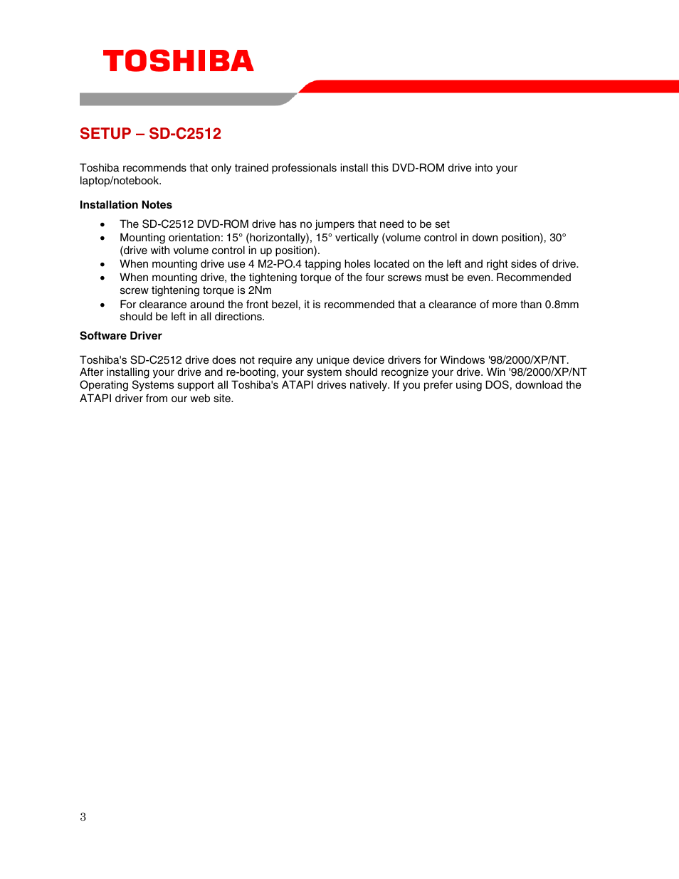 Setup – sd-c2512 | Toshiba SD-C2512 User Manual | Page 5 / 12