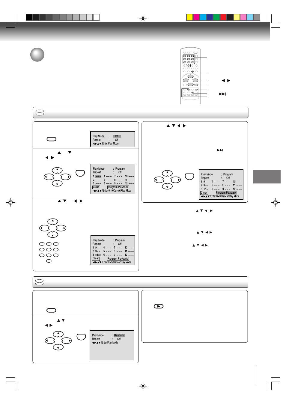 Program playback/random playback, Program playback, Random playback | Toshiba MD24FP1 User Manual | Page 33 / 52