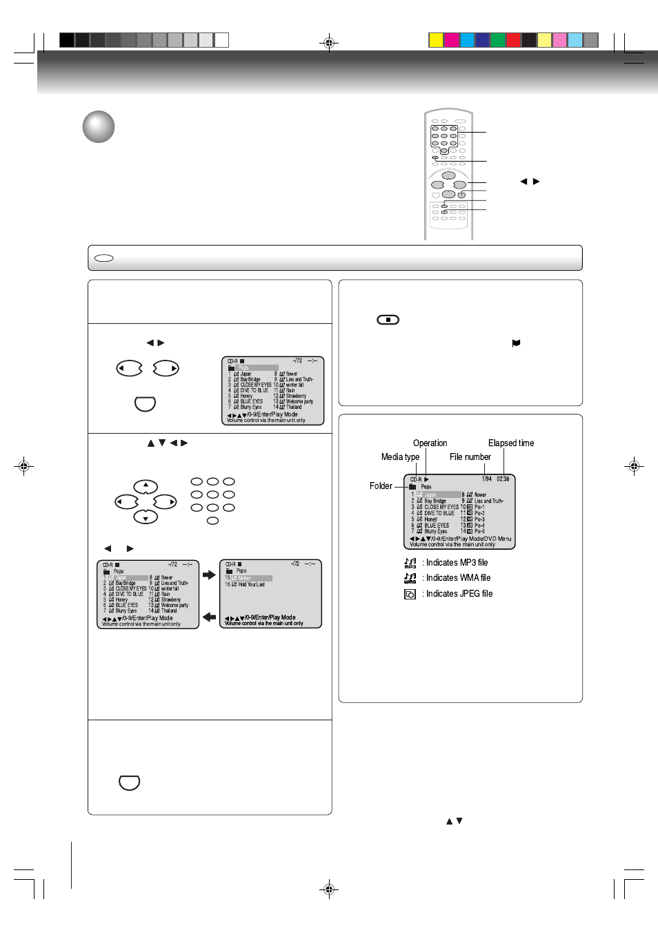 Mp3/wma/jpeg cd operation (continued), Mp3/wma cd playback | Toshiba MD24FP1 User Manual | Page 38 / 52