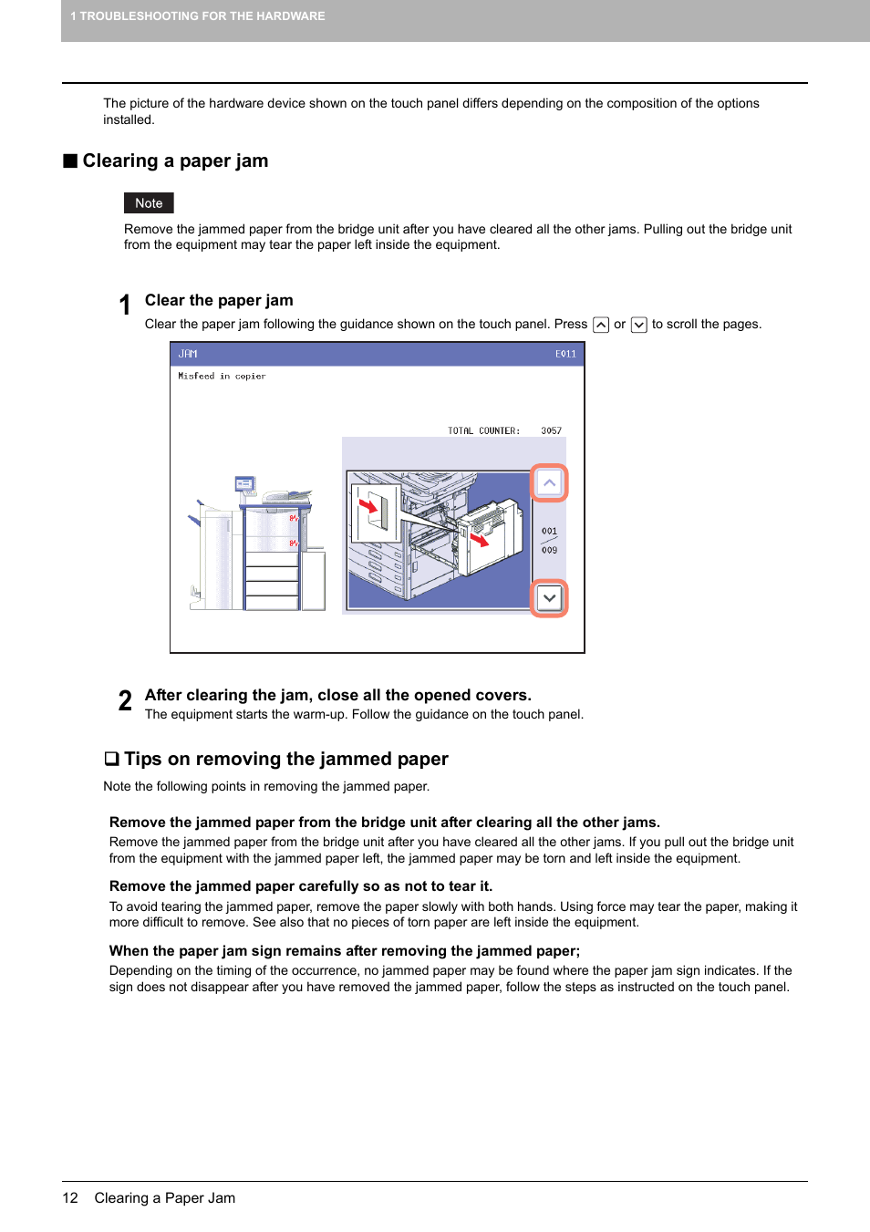 Clearing a paper jam, Tips on removing the jammed paper | Toshiba e-studio 5520C User Manual | Page 14 / 114
