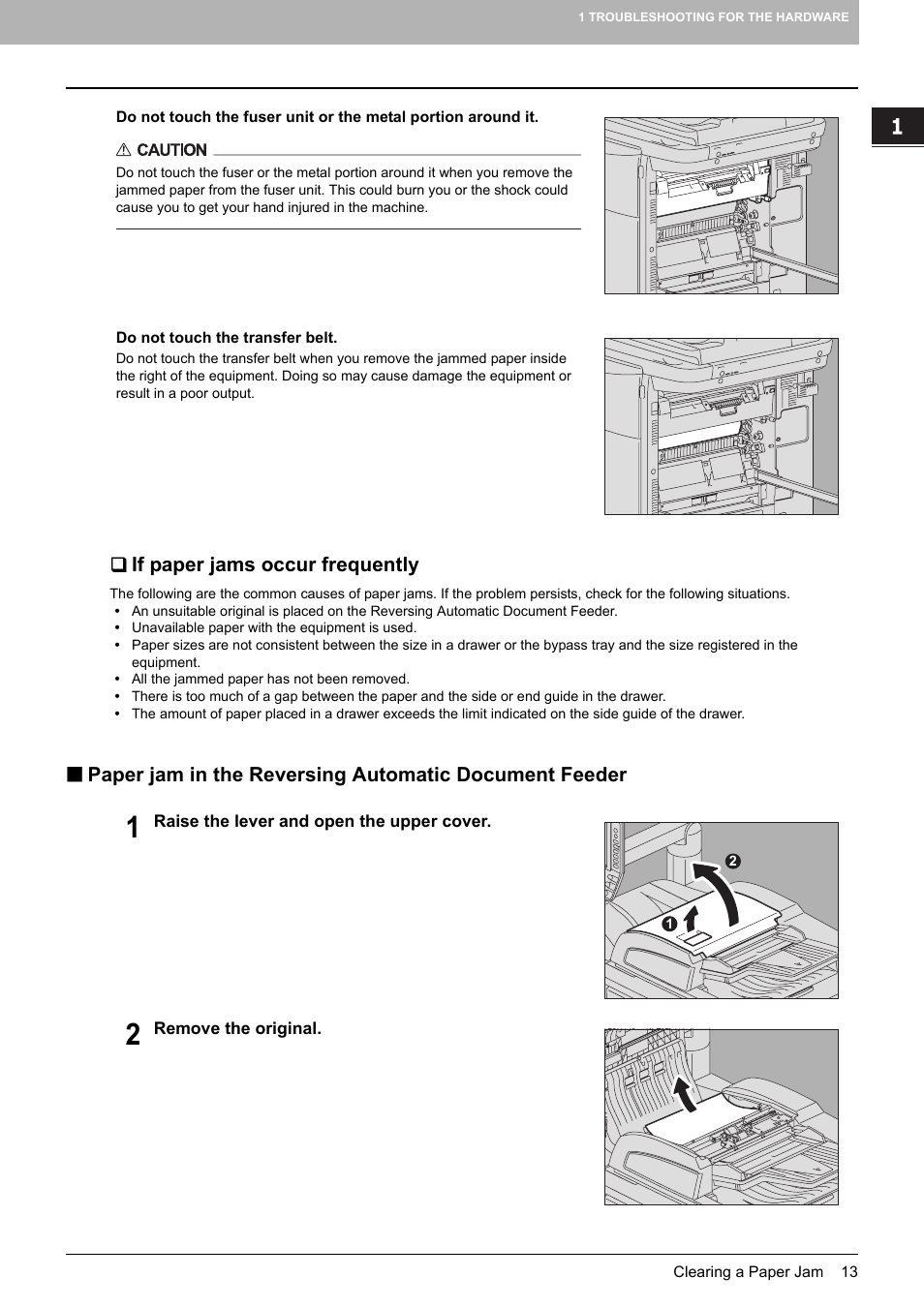 If paper jams occur frequently, P.13 “paper jam in the reversing automatic, Document feeder | P.13) | Toshiba e-studio 5520C User Manual | Page 15 / 114