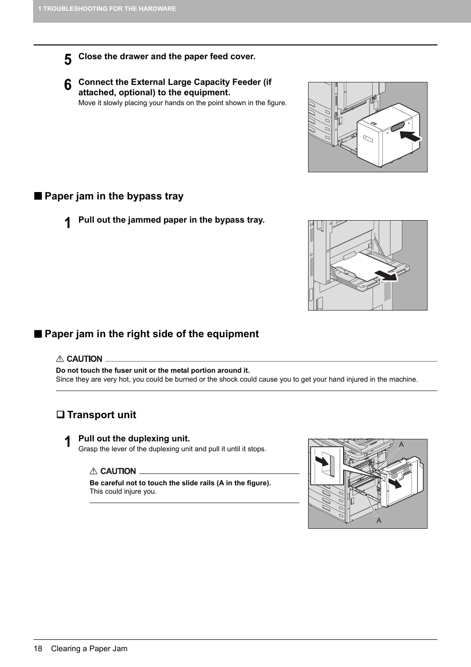 Paper jam in the bypass tray, Paper jam in the right side of the equipment, Transport unit | P.18 | Toshiba e-studio 5520C User Manual | Page 20 / 114