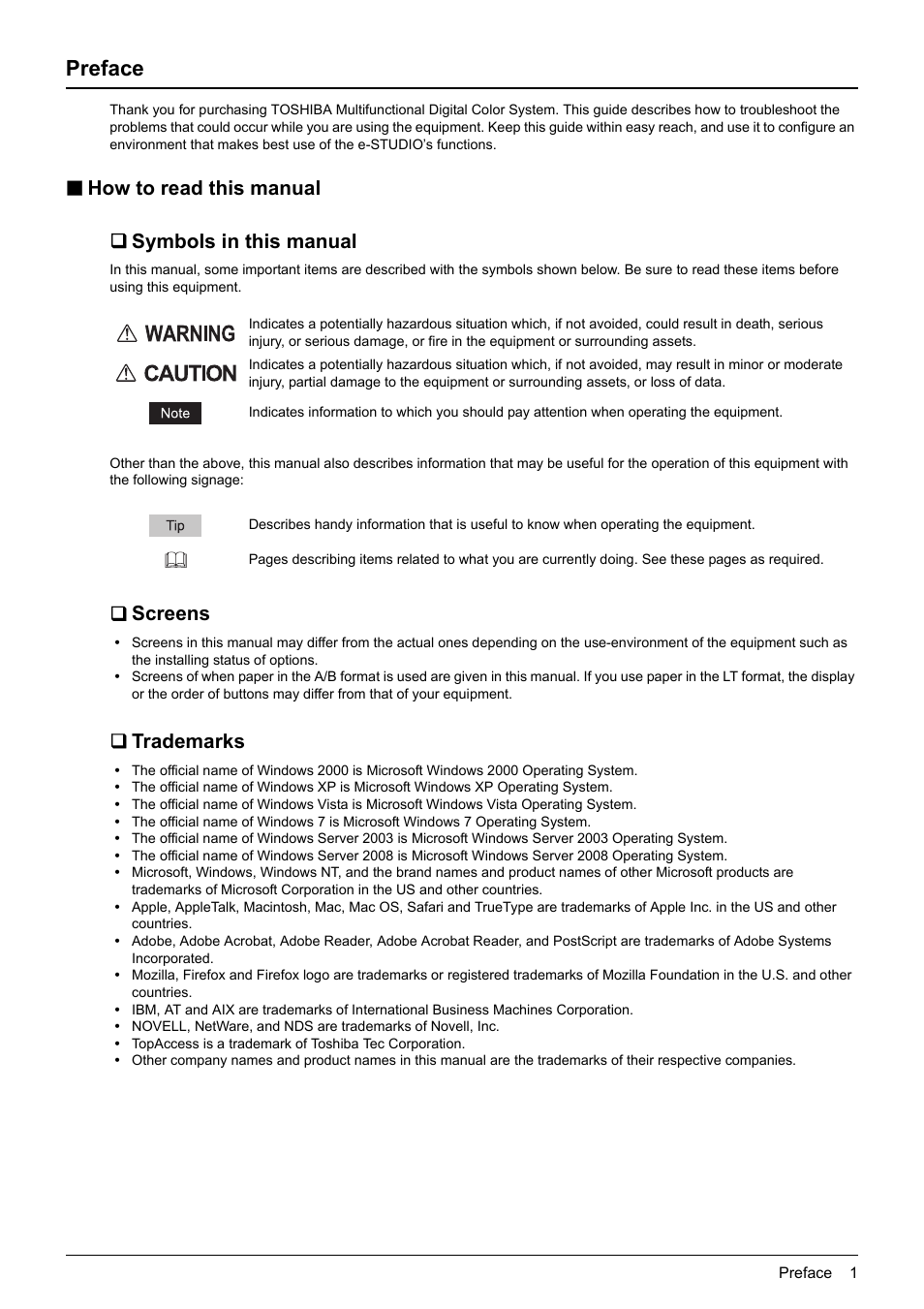Preface, How to read this manual, Symbols in this manual | Screens, Trademarks, How to read this manual  symbols in this manual | Toshiba e-studio 5520C User Manual | Page 3 / 114