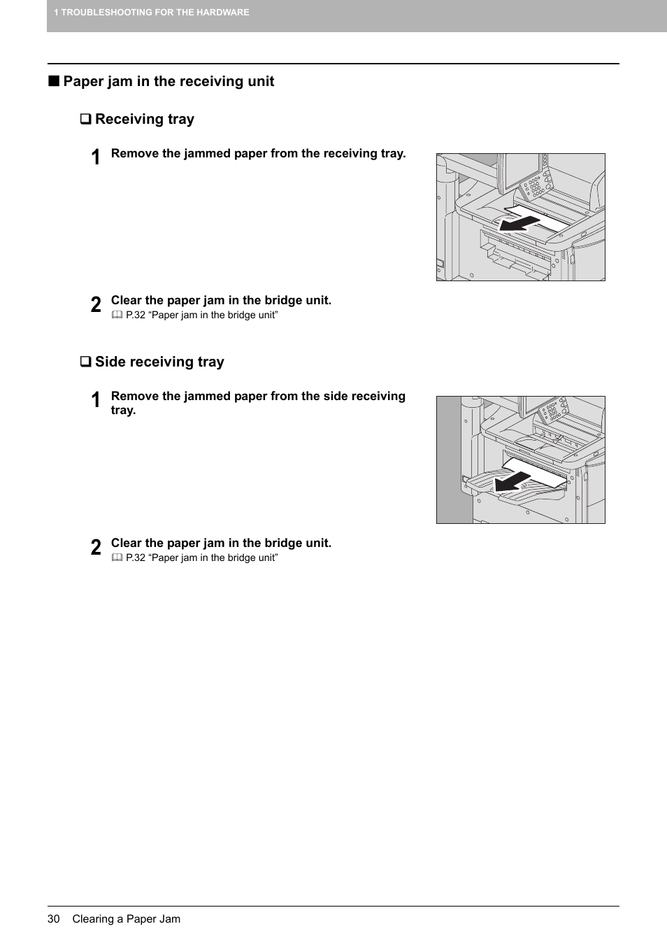Paper jam in the receiving unit, Receiving tray, Side receiving tray | P.30), Tray ( p.30) | Toshiba e-studio 5520C User Manual | Page 32 / 114