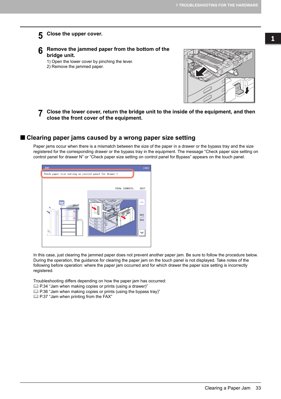 P.33 “clearing paper jams caused by a wrong, Paper size setting | Toshiba e-studio 5520C User Manual | Page 35 / 114