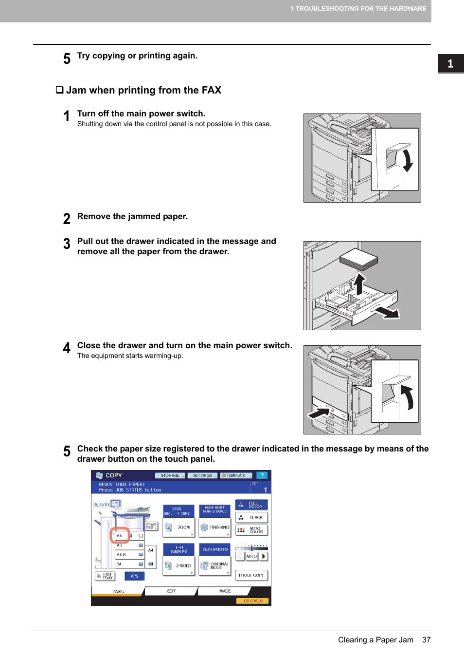 Jam when printing from the fax, P.37 “jam when printing from the fax | Toshiba e-studio 5520C User Manual | Page 39 / 114