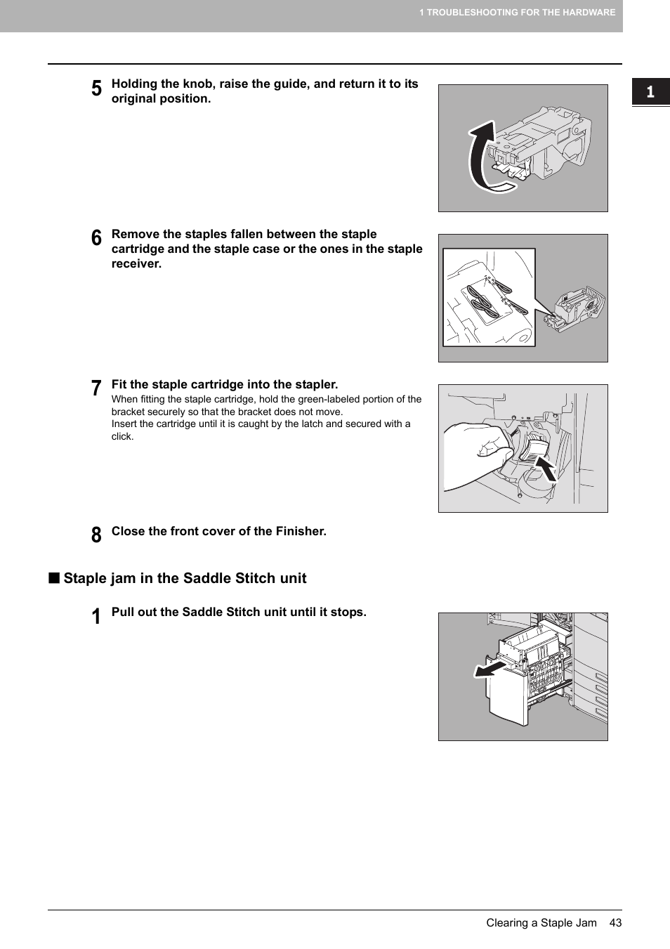 Staple jam in the saddle stitch unit, P.43 “staple jam in the saddle stitch unit | Toshiba e-studio 5520C User Manual | Page 45 / 114