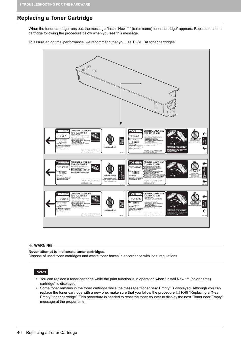 Replacing a toner cartridge, P.46 “replacing a toner cartridge | Toshiba e-studio 5520C User Manual | Page 48 / 114