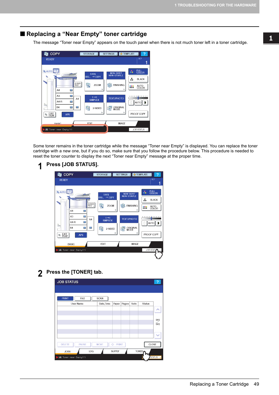 Replacing a “near empty” toner cartridge, P.49 “replacing a “near empty” toner, Cartridge | Toshiba e-studio 5520C User Manual | Page 51 / 114