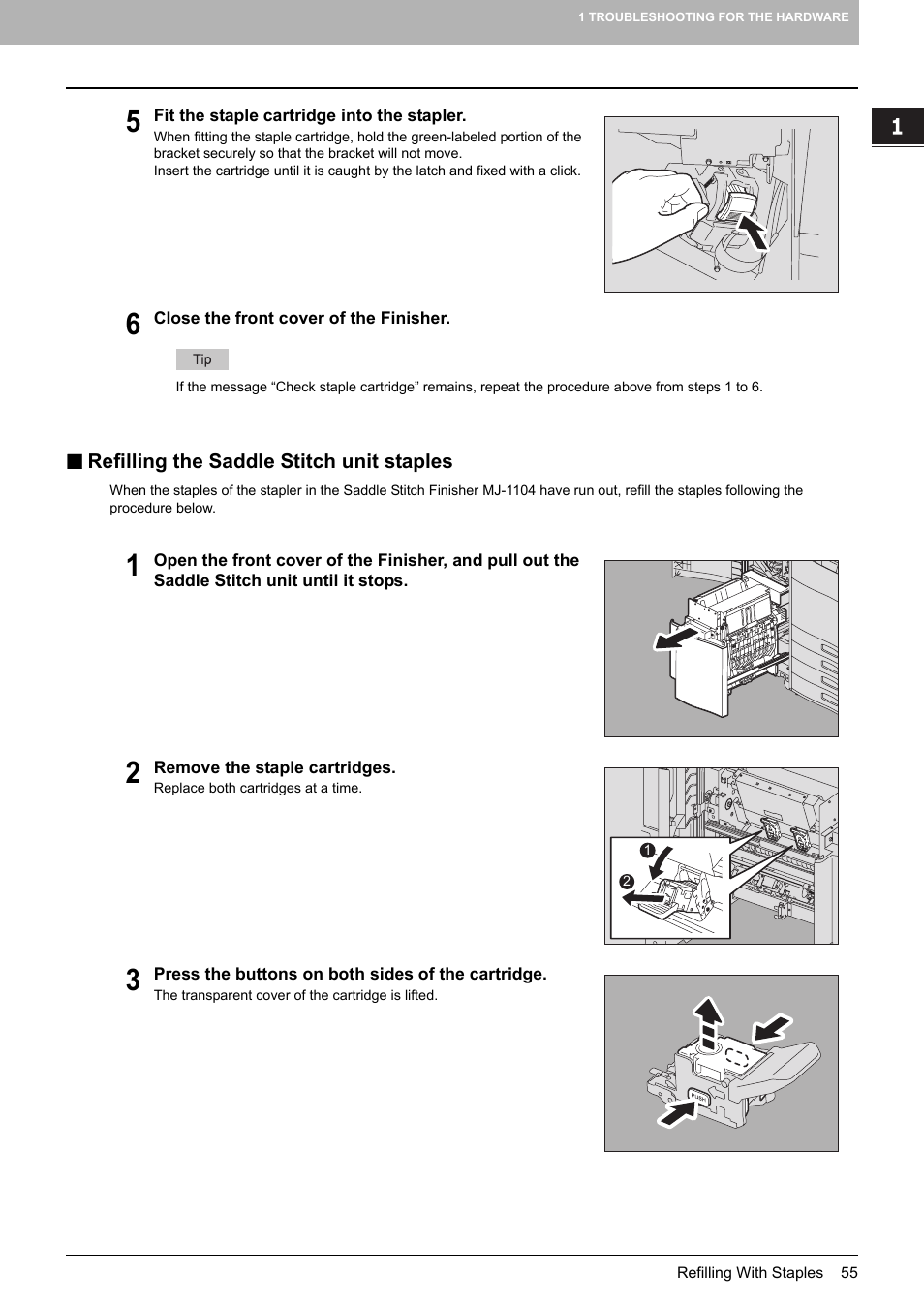 Refilling the saddle stitch unit staples, P.55 “refilling the saddle stitch unit staples | Toshiba e-studio 5520C User Manual | Page 57 / 114