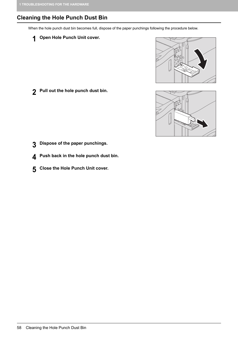 Cleaning the hole punch dust bin, P.58 “cleaning the hole punch dust bin | Toshiba e-studio 5520C User Manual | Page 60 / 114