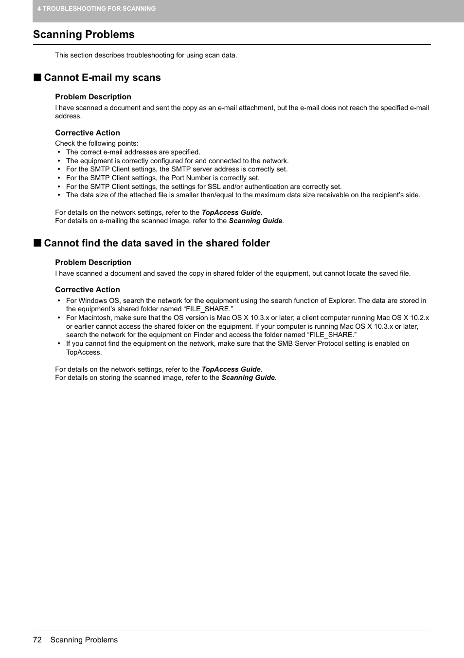 Scanning problems, Cannot e-mail my scans, Cannot find the data saved in the shared folder | Toshiba e-studio 5520C User Manual | Page 74 / 114